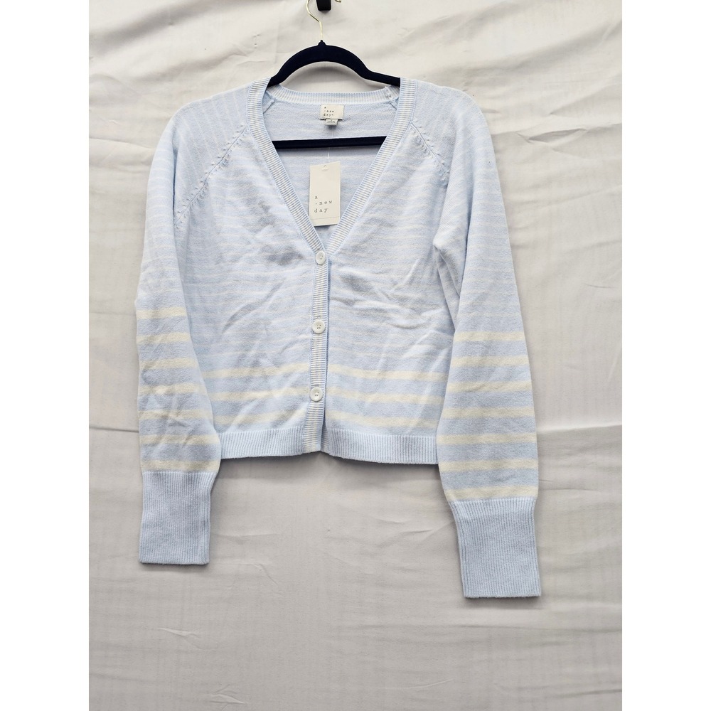 A New Day Womens Striped Cardigan Sweater Blue Cotton Blend Casual Size Large